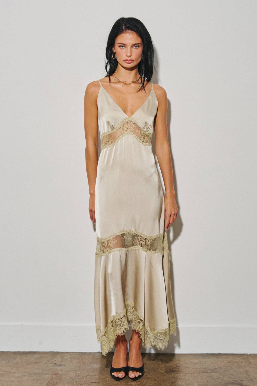 LADIES WOVEN SATIN LACE TRIM MAXI DRESS