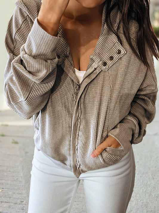 Waffle Splicing Zip Up Front Button Hooded Jacket