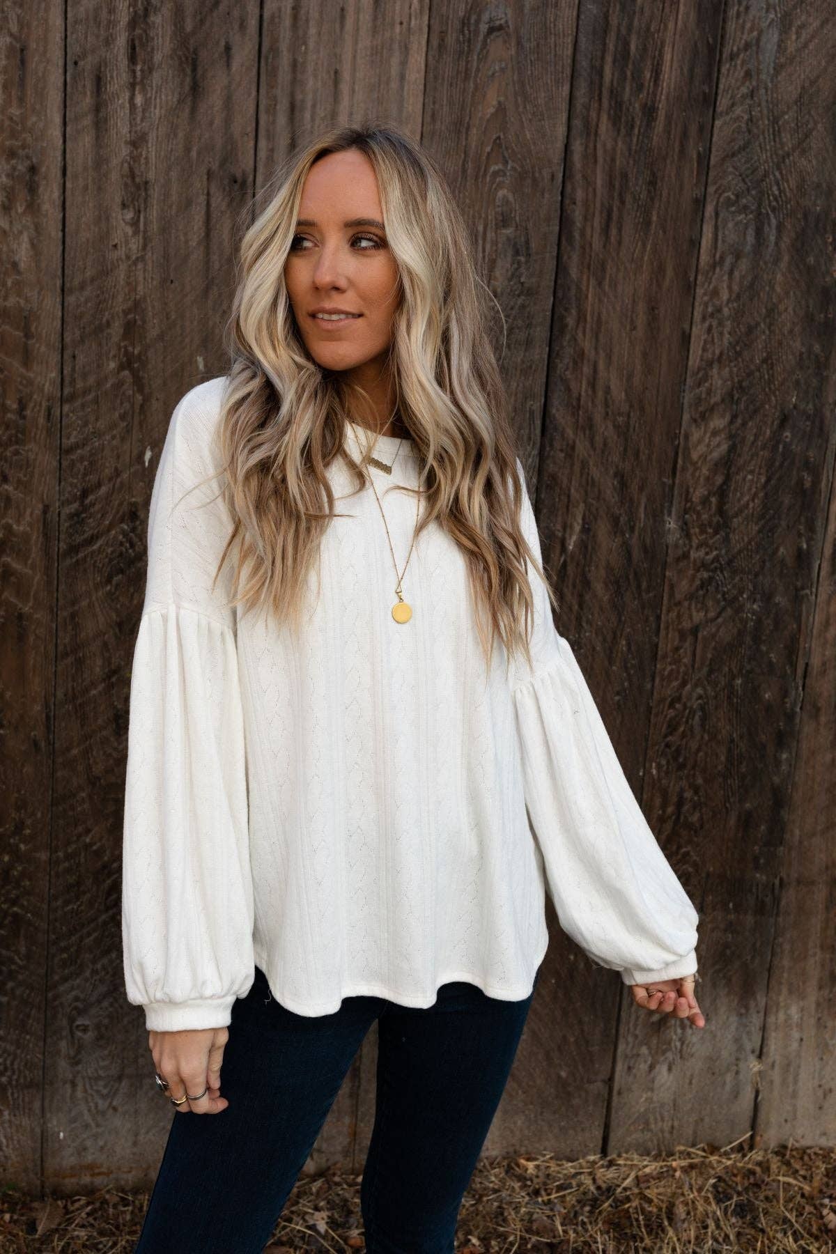 Sweet Heart Balloon Sleeve Knit Sweater - Cream