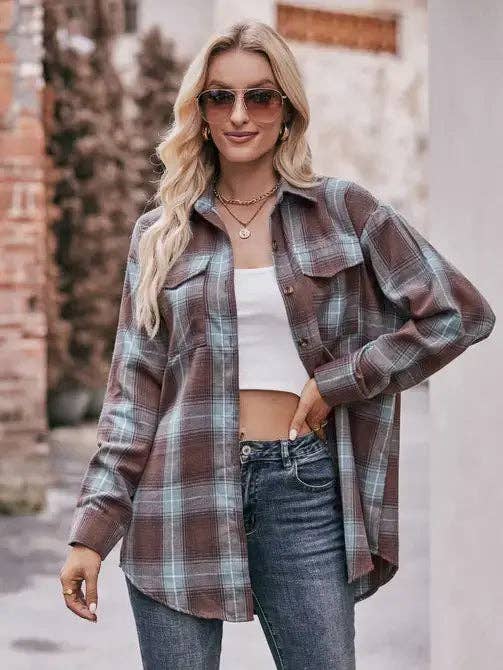 Women’s Caramel Plaid Oversized Flannel Button Down Shirt