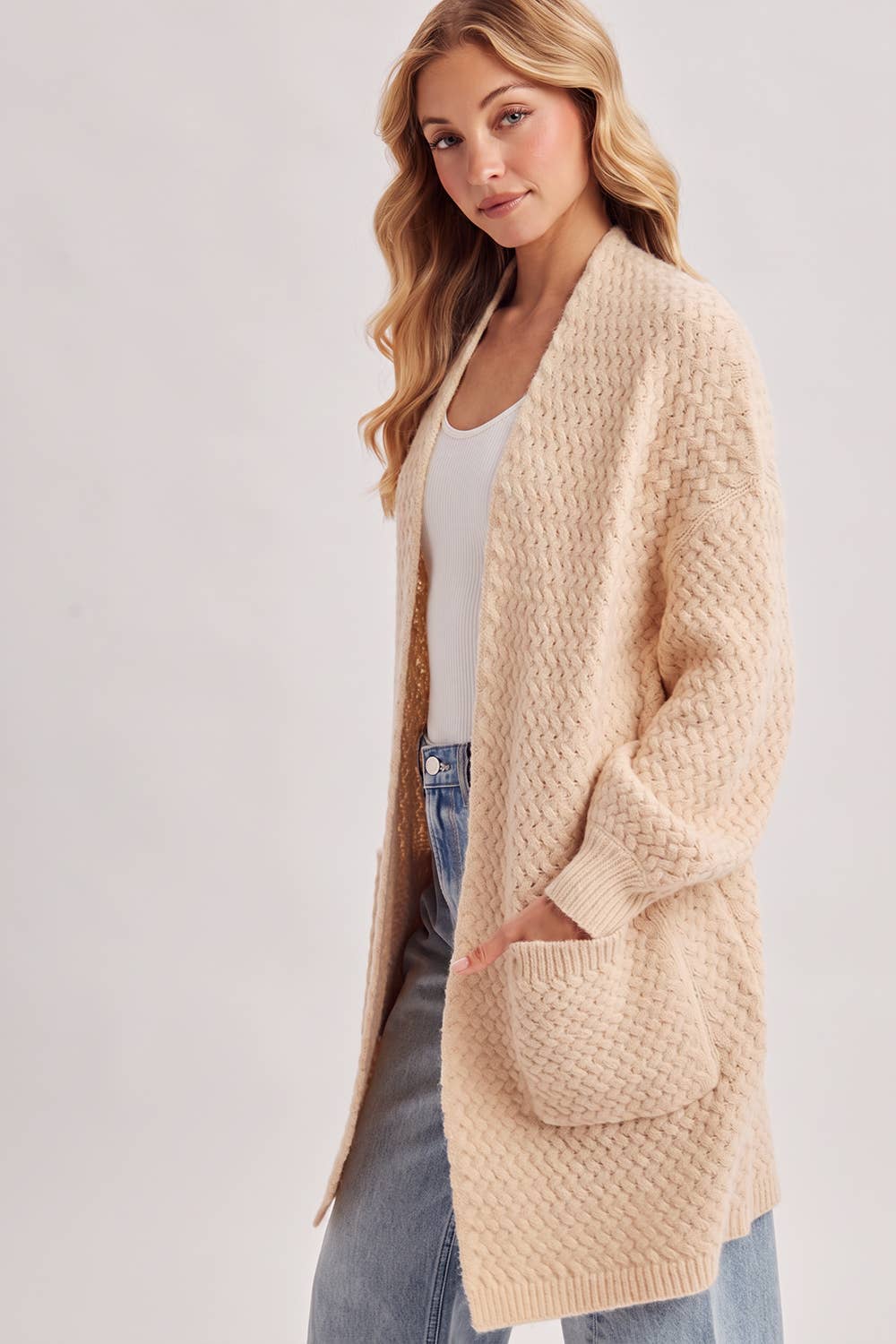 BASKET WEAVE LONGLINE CARDIGAN