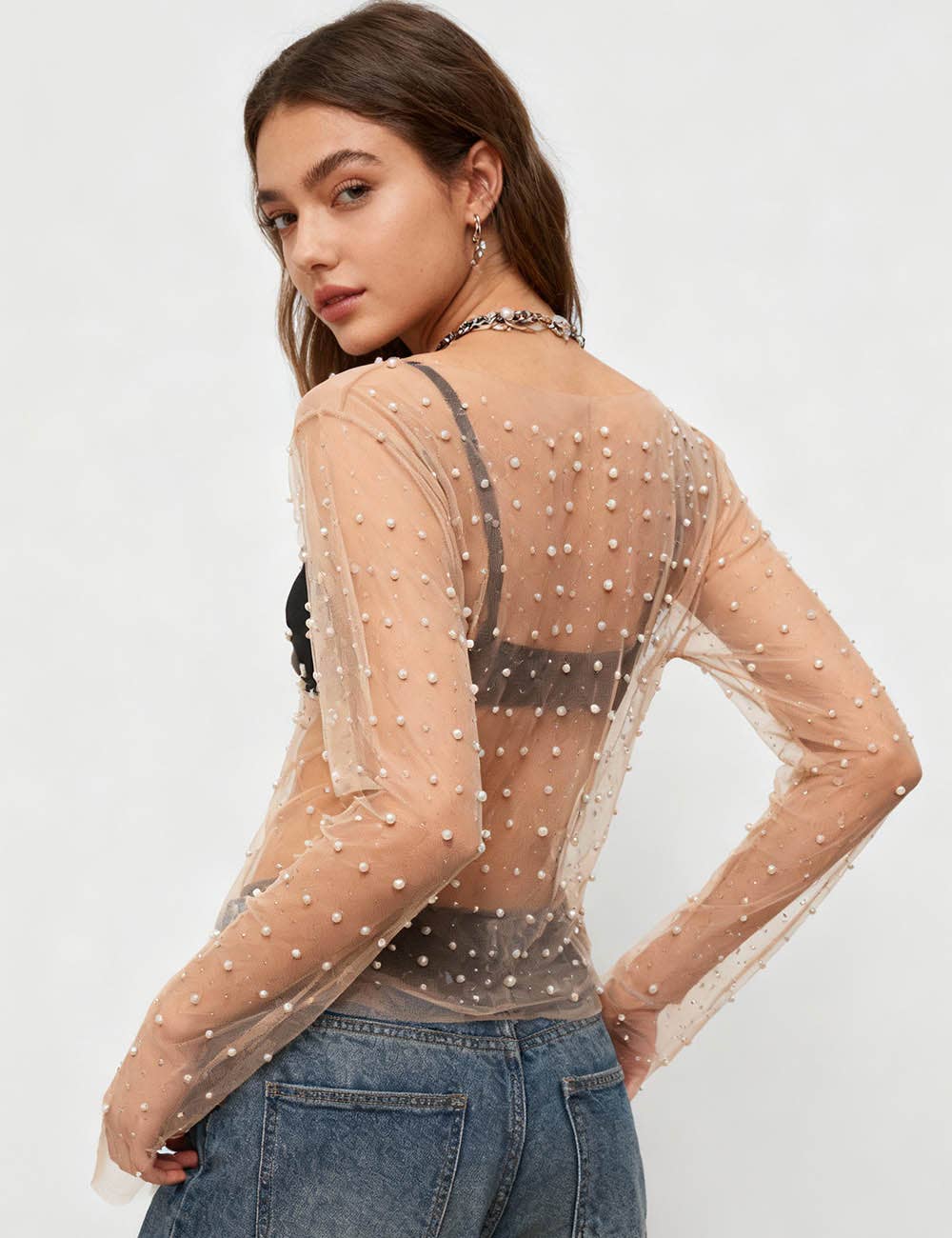 Pearl Rhinestone Studded See Through Mesh Crop Top SKT1976
