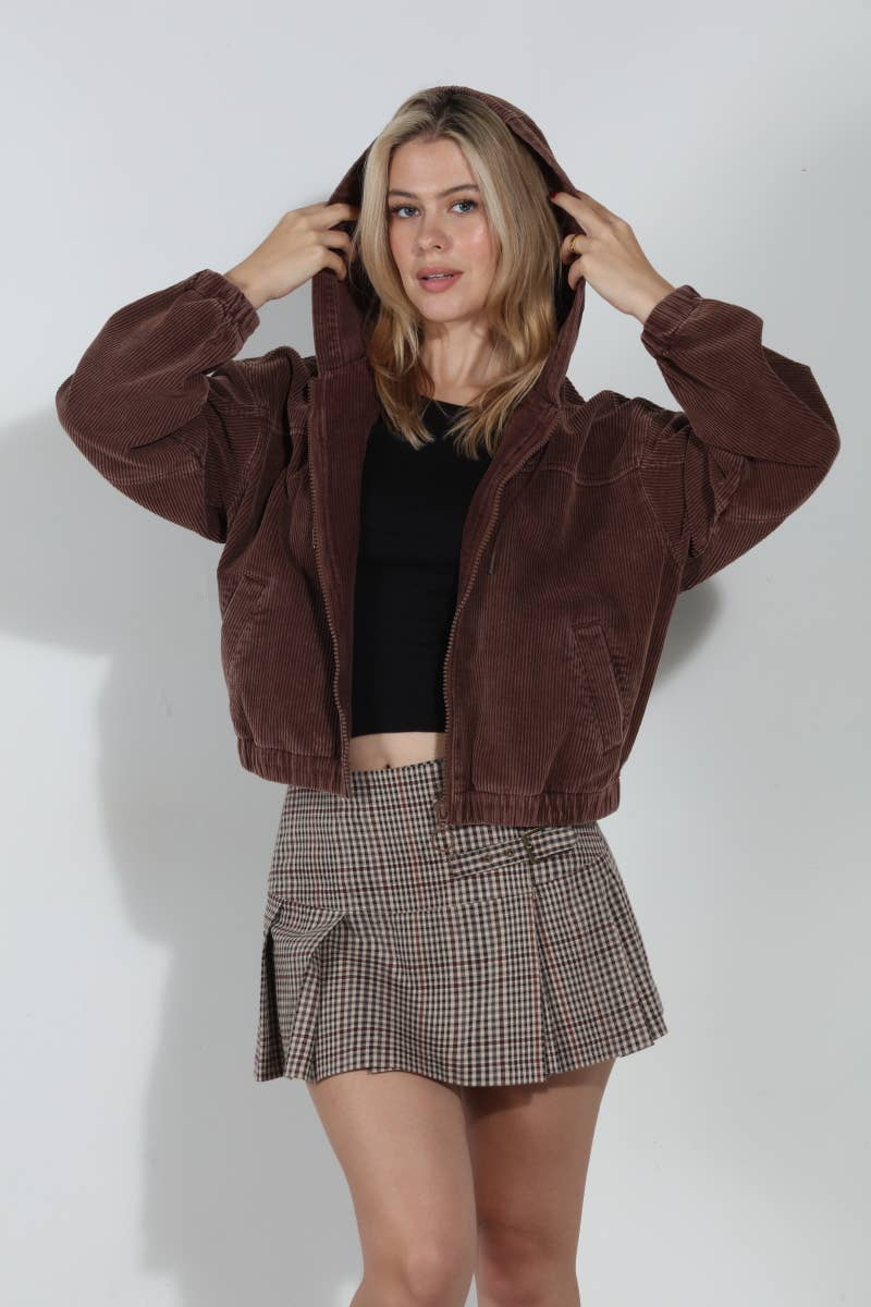 Washed Corduroy Zip Up Hoodie Bomber