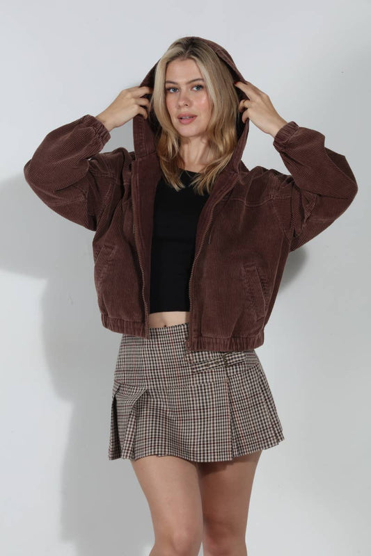 Washed Corduroy Zip Up Hoodie Bomber