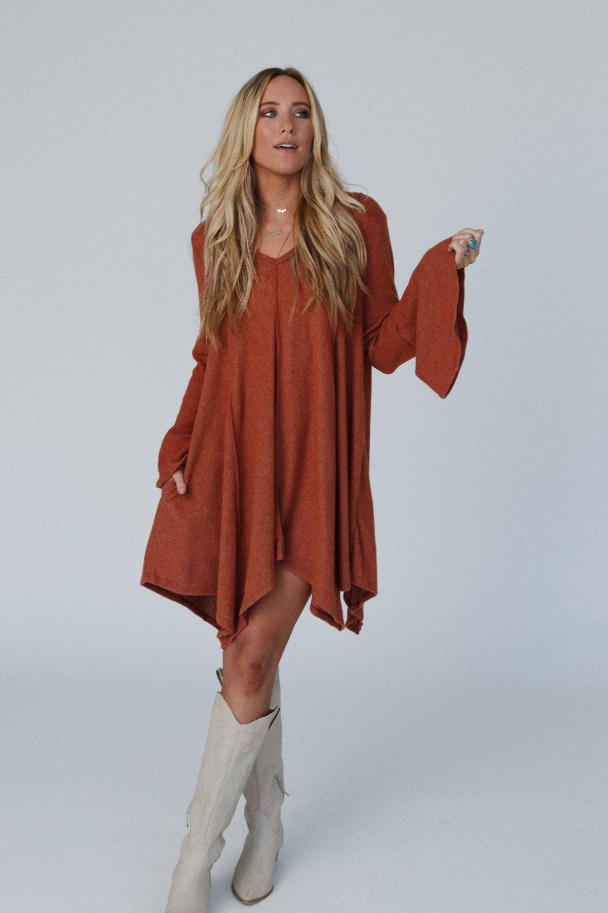 Golden Hour Long Bell Sleeve Dress - Rust