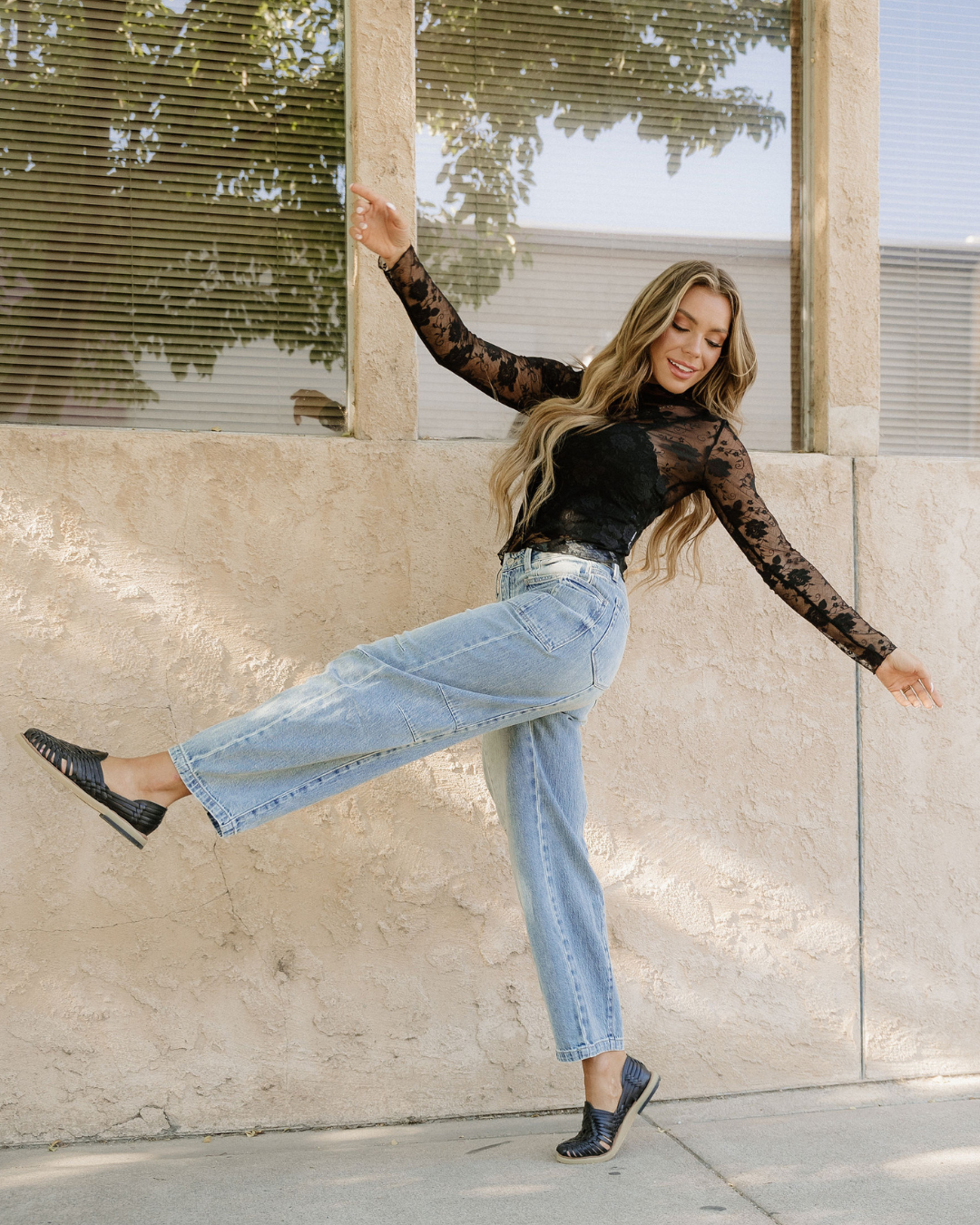 Black Mock Neck Floral Lace Mesh Long Sleeve Top - Black