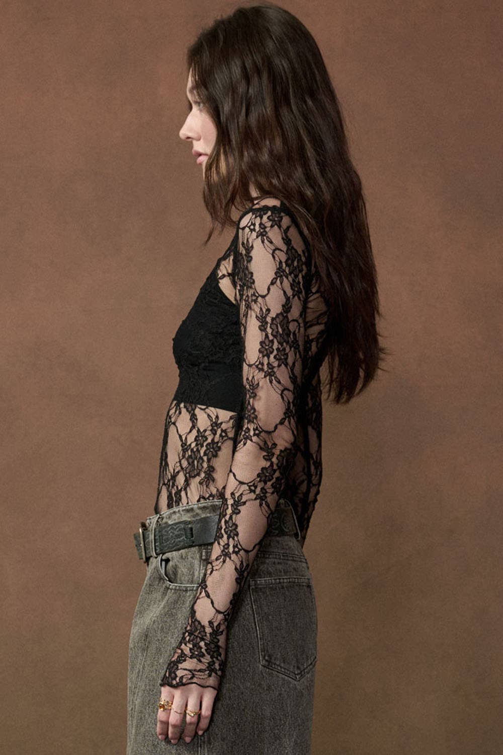 Sheer Floral Lace Mock-Neck Long-Sleeve Thumbhole Top