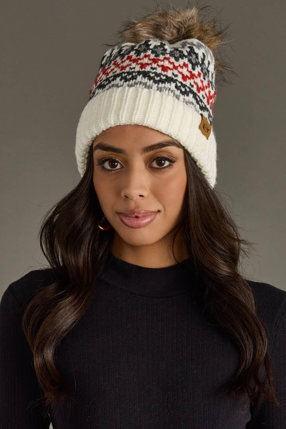 Ivory, Red & Gray Winter Pattern Pom Hat