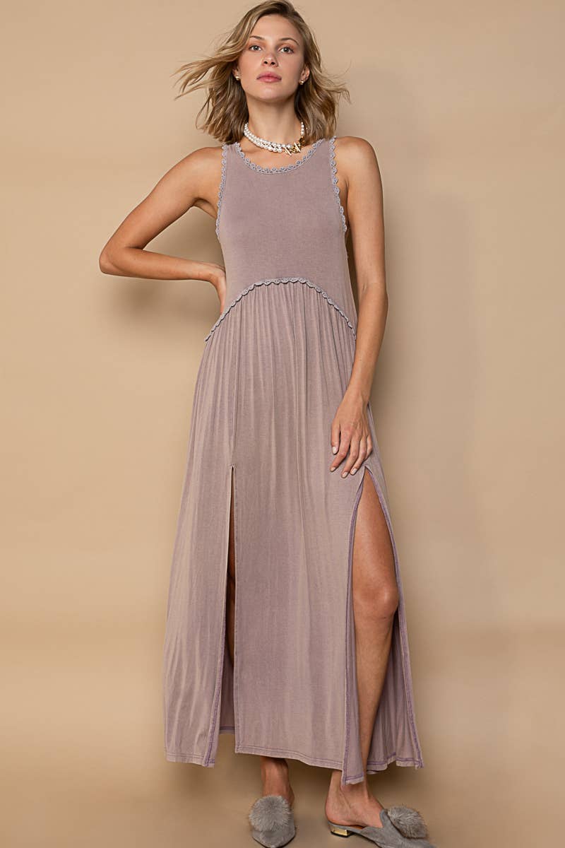 Sleeveless racerback back zipper front slit knit maxi dress