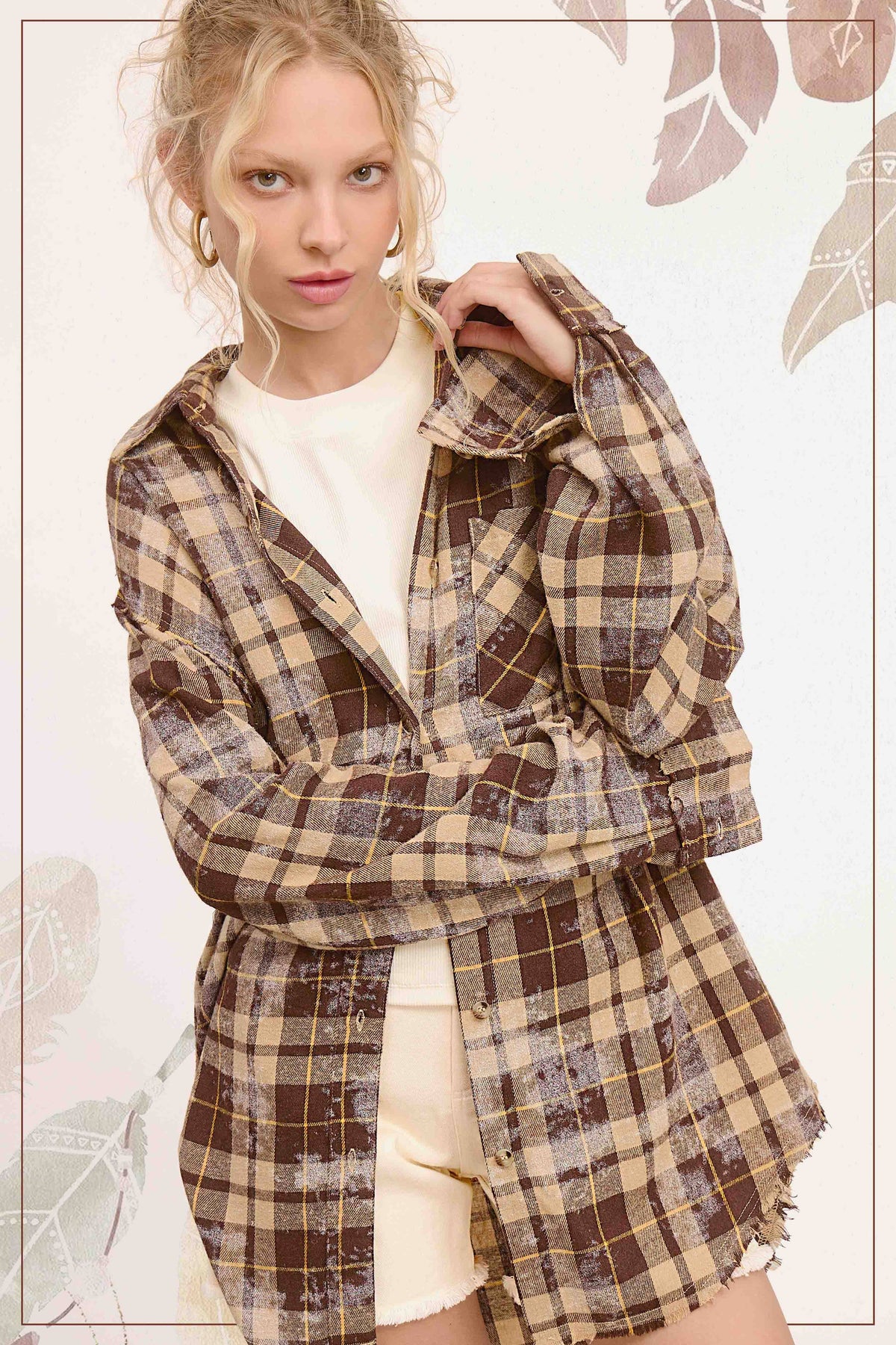 Plaid Acid Washed Cut Edge Button Down Shirt Fall