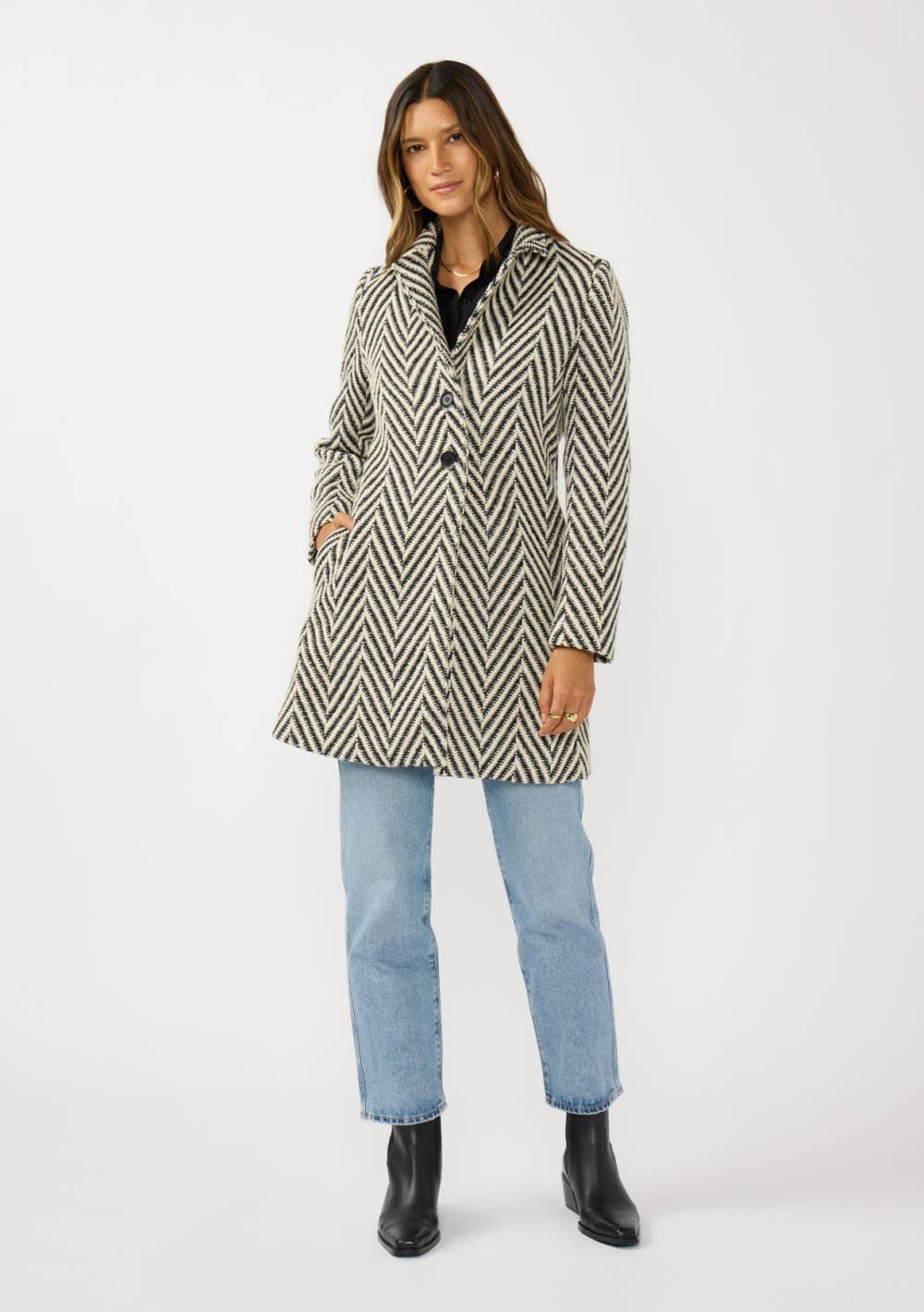 Chevron Notched Lapel Long Sleeve Coat