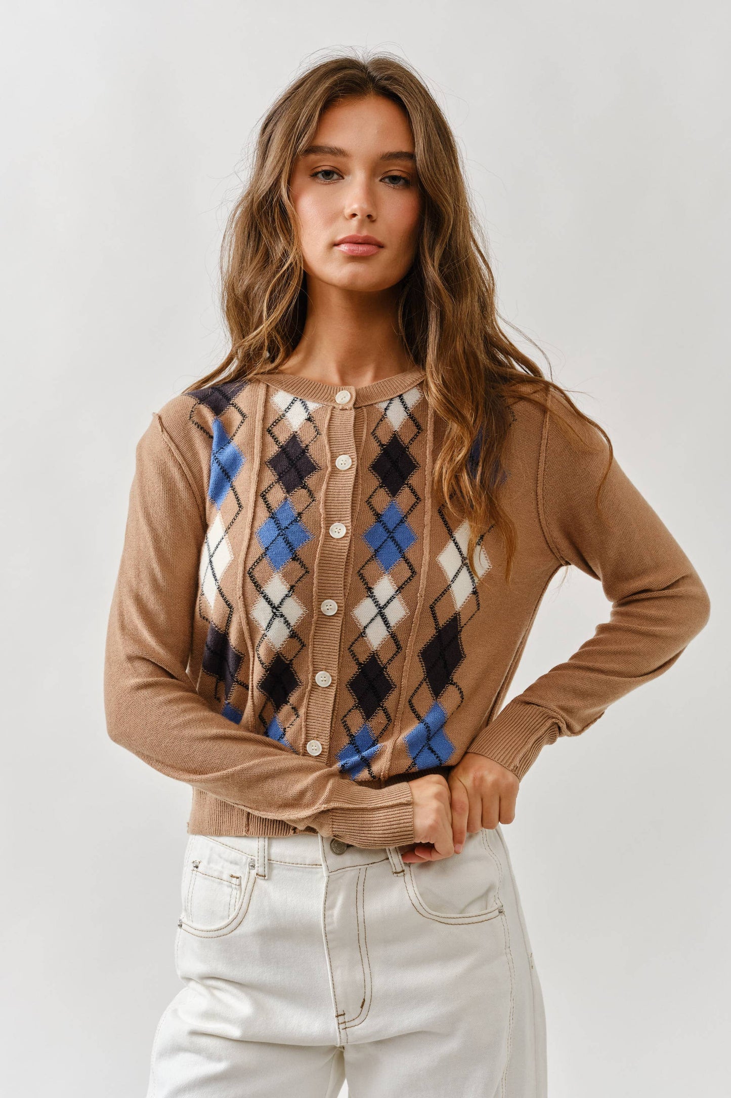 AJT5092 RELAXED FIT ARGYLE SWEATER CARDIGAN