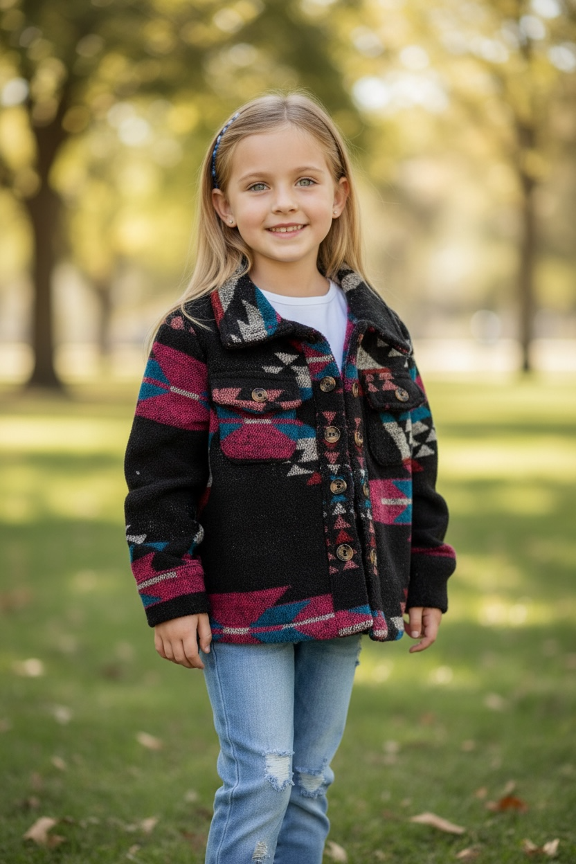 Geometric printed girls shacket