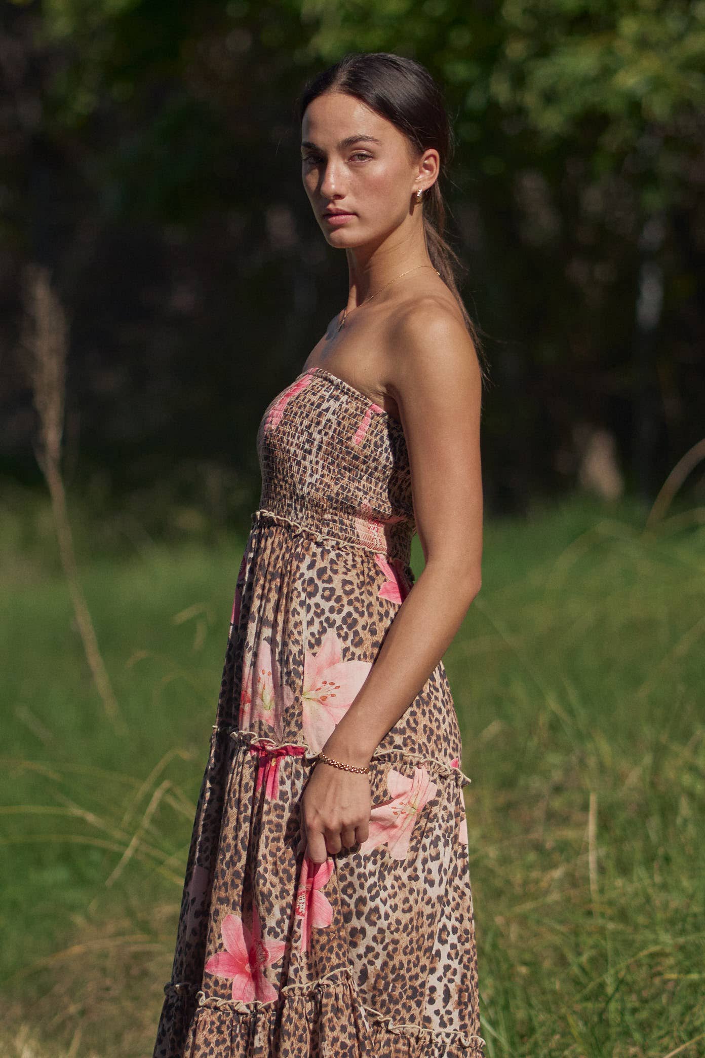 STRAPLESS SMOCKED TIERED MAXI DRESS