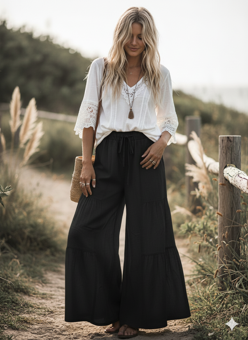 Linen Blend Tiered Wide Leg Palazzo Full Length Pants