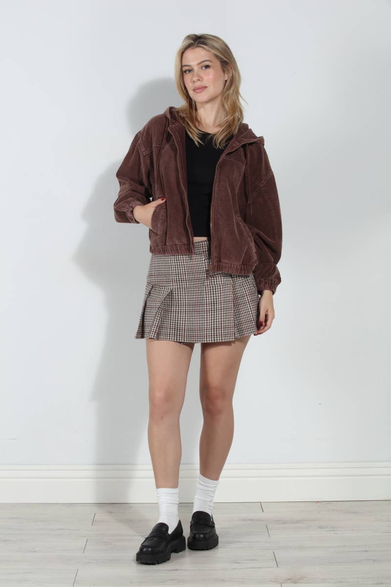 Washed Corduroy Zip Up Hoodie Bomber