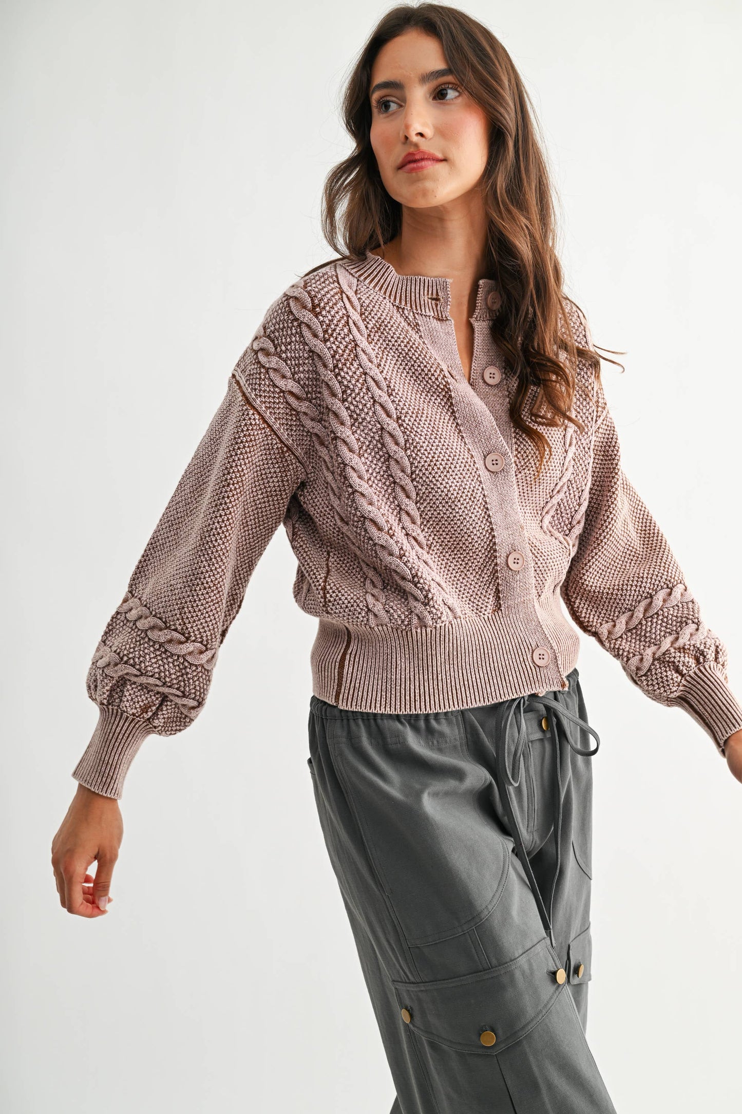 WASHED BLENDED BROWN CABLE KNIT CARDIGAN