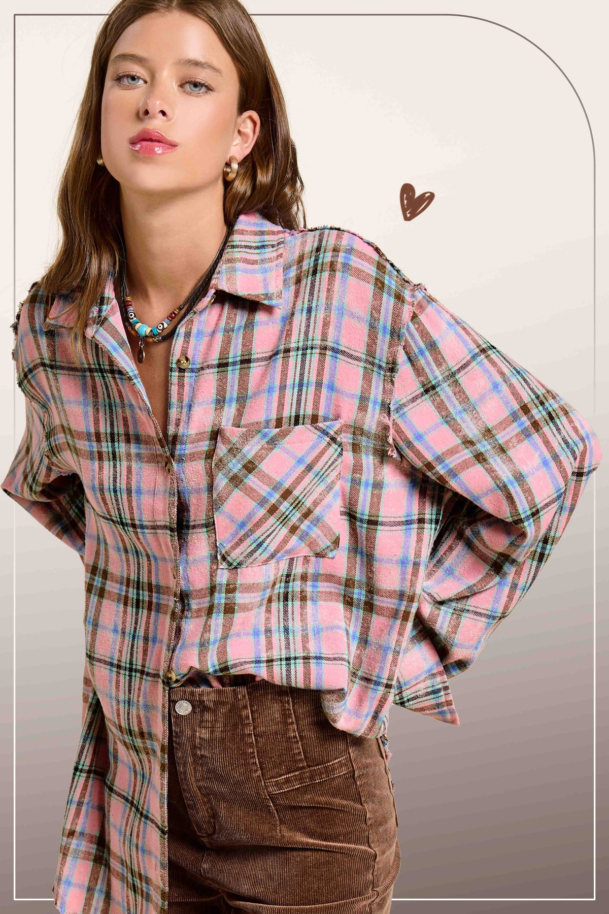 Plaid Acid Washed Cut Edge Button Down Shirt Fall