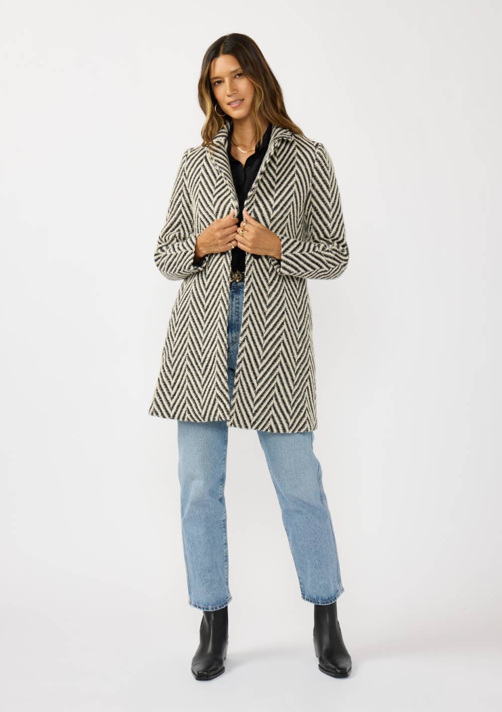 Chevron Notched Lapel Long Sleeve Coat