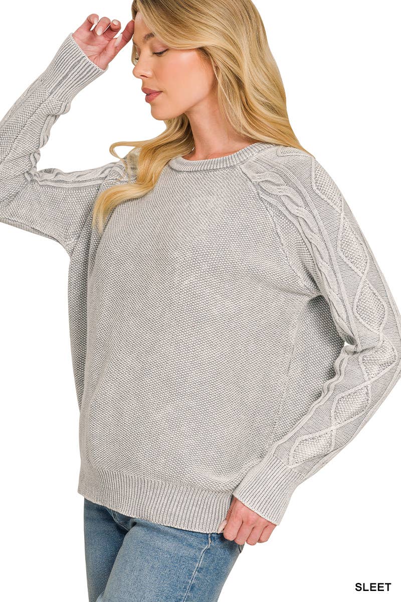 Washed Cable Sleeve Crewneck Sweater - Zenana