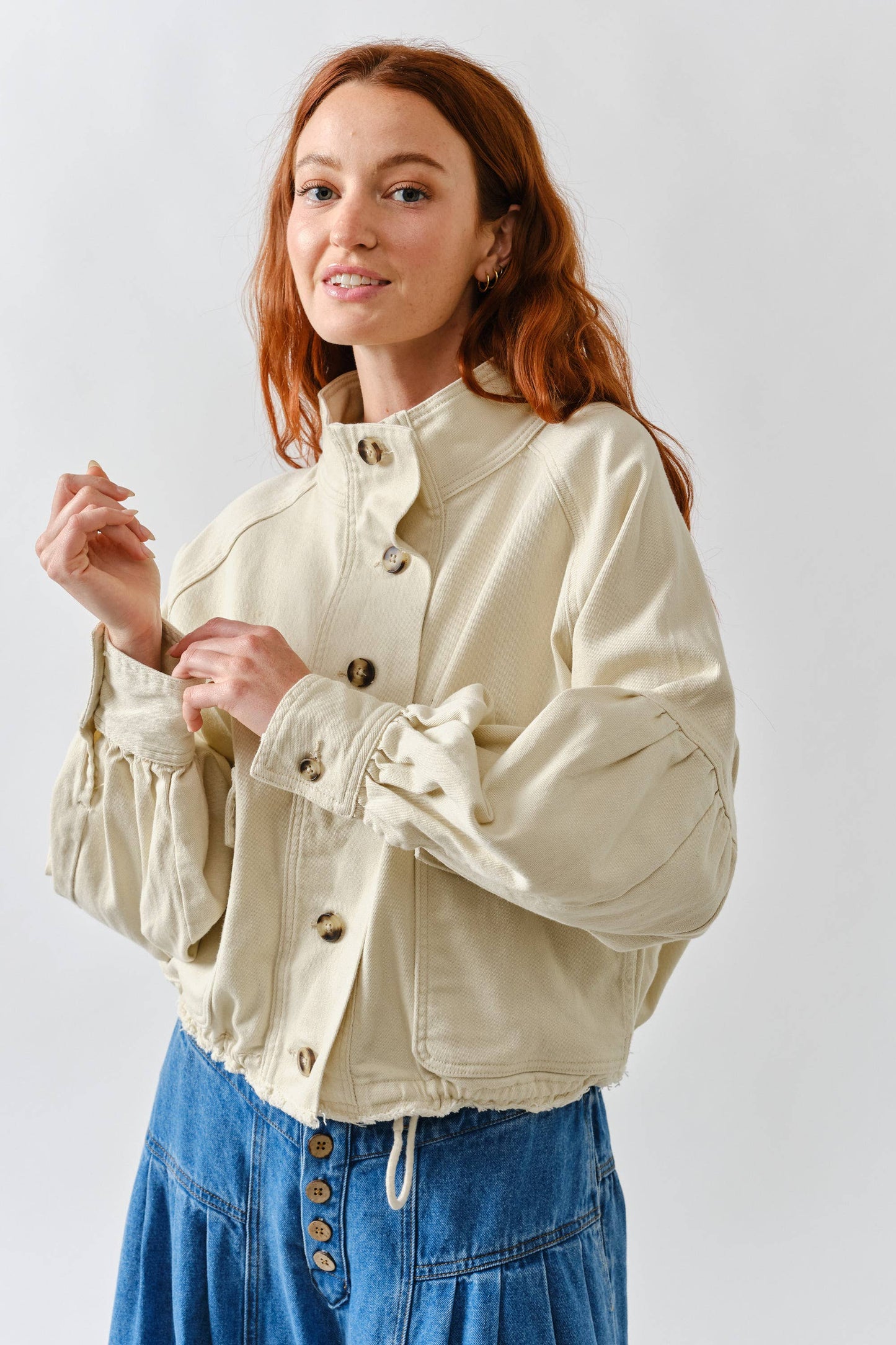 BALLON SLEEVE TWILL JACKET DRAWSTING WAIST