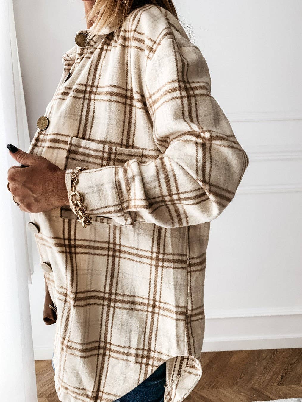 Plaid brushed shacket oversized button front