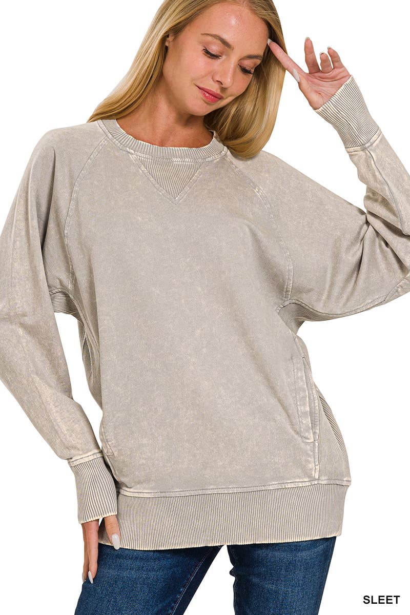 Acid Wash French Terry Pullover w// Pockets - Zenana