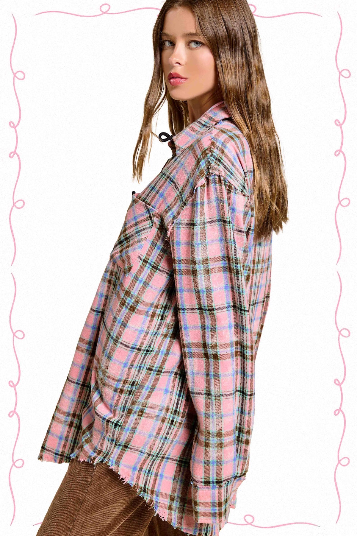 Plaid Acid Washed Cut Edge Button Down Shirt Fall