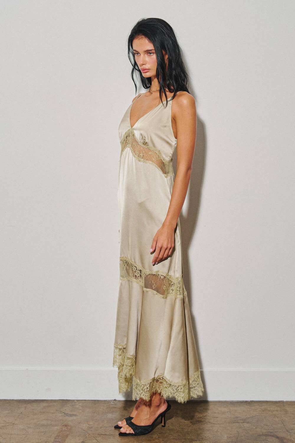 LADIES WOVEN SATIN LACE TRIM MAXI DRESS