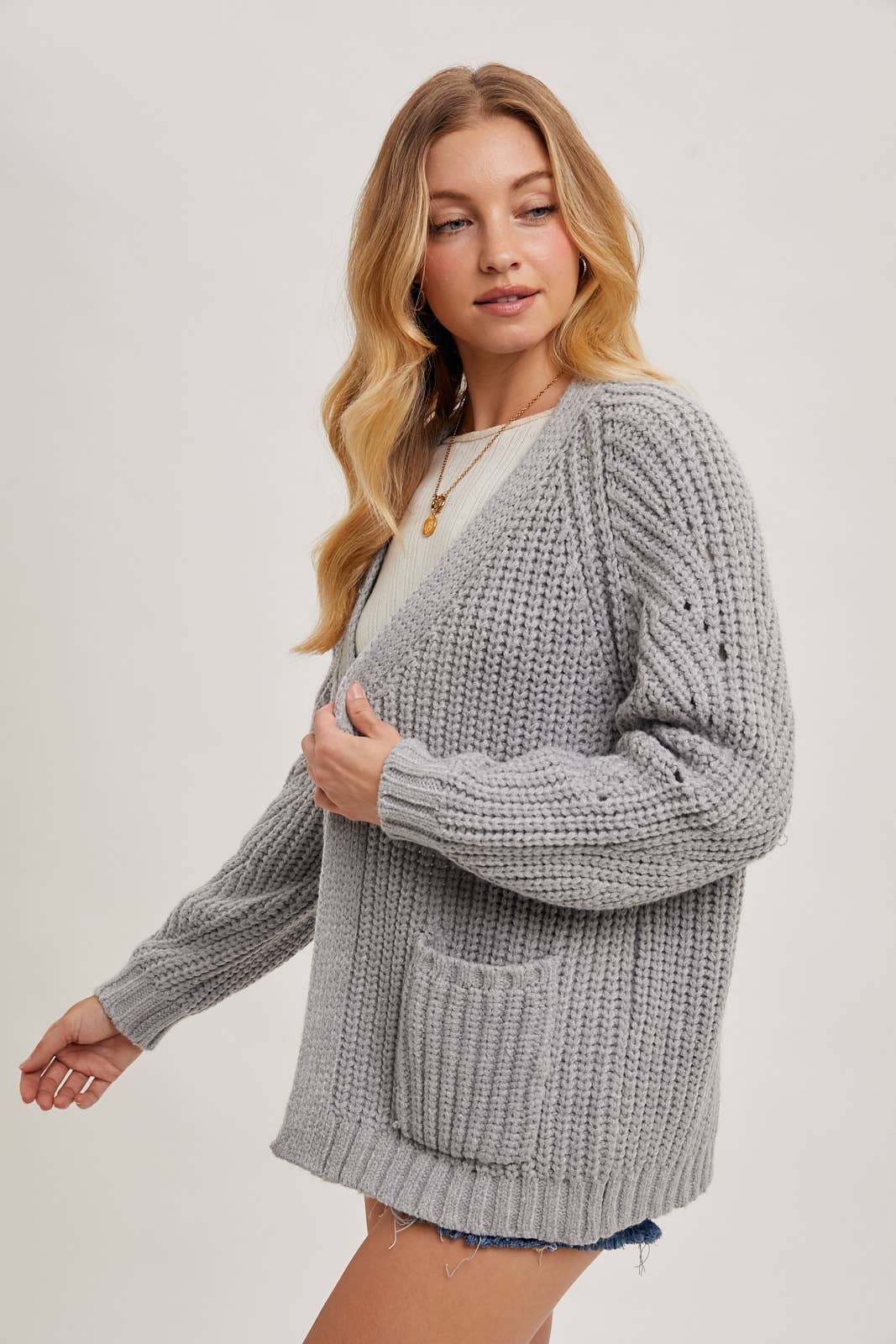 CHUNKY POINTELLE OPEN FRONT CARDIGAN