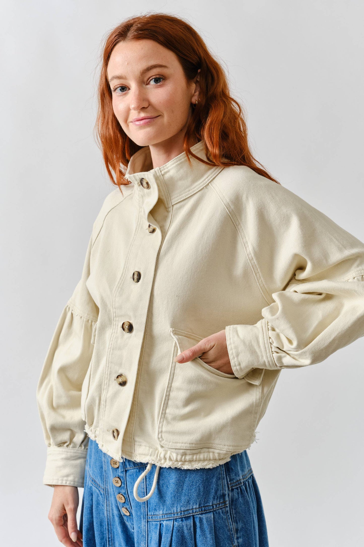BALLON SLEEVE TWILL JACKET DRAWSTING WAIST