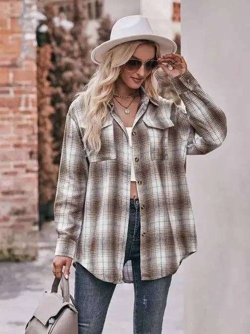 Women’s Caramel Plaid Oversized Flannel Button Down Shirt