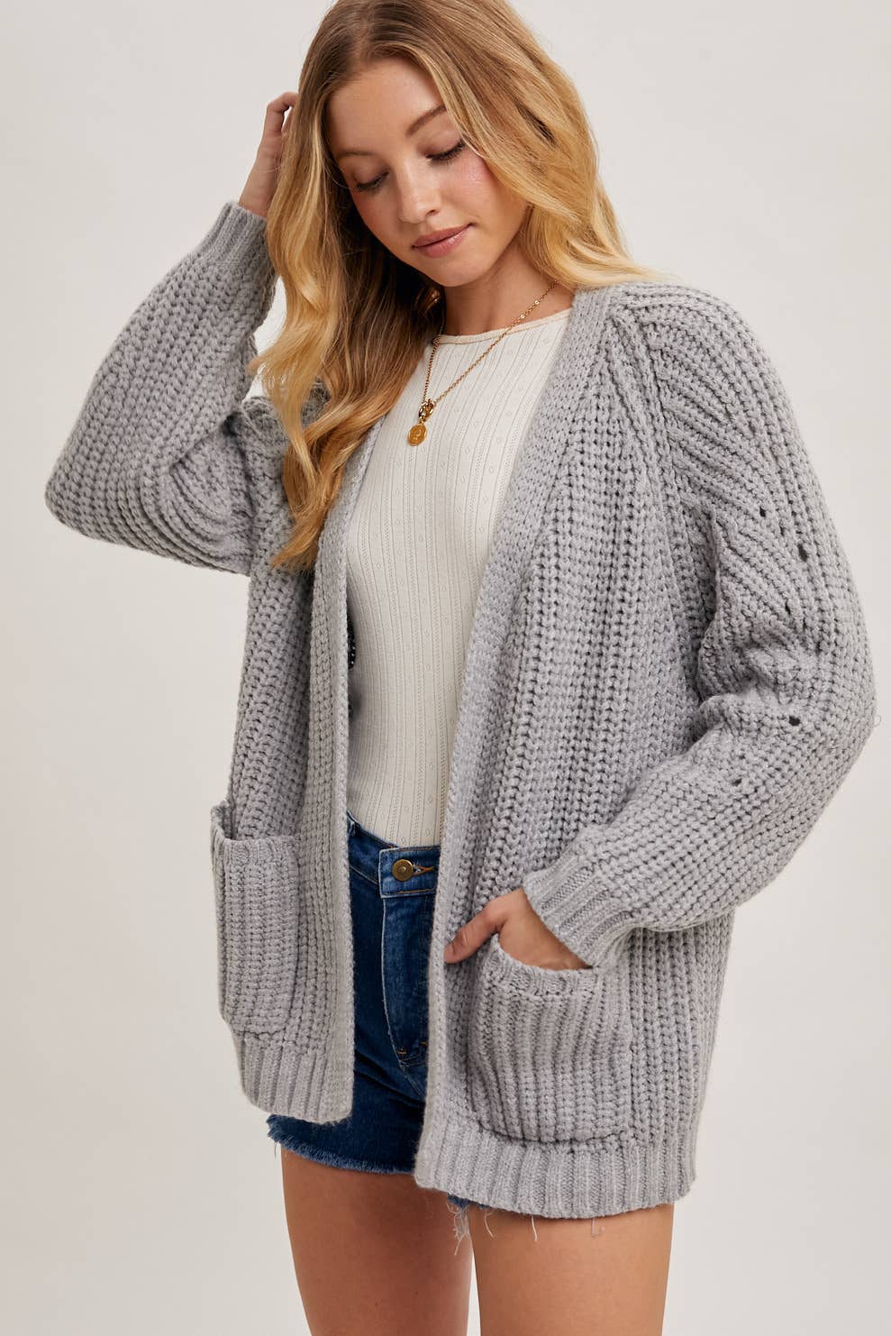 CHUNKY POINTELLE OPEN FRONT CARDIGAN