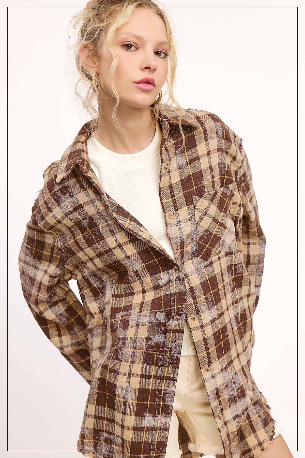 Plaid Acid Washed Cut Edge Button Down Shirt Fall