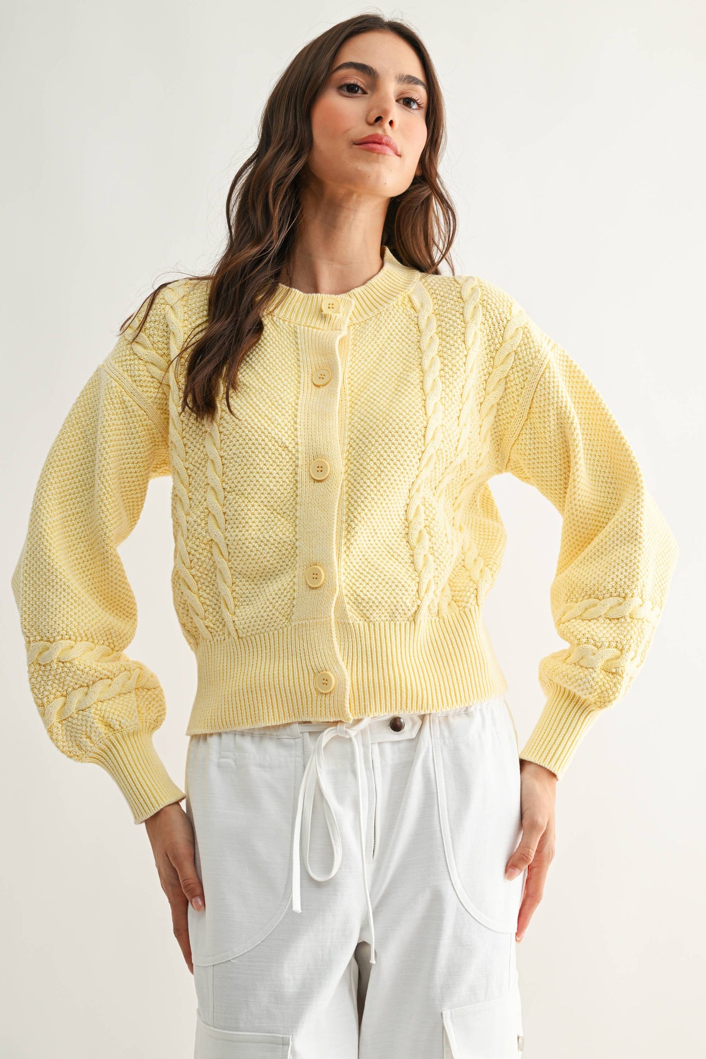 WASHED BLENDED BROWN CABLE KNIT CARDIGAN