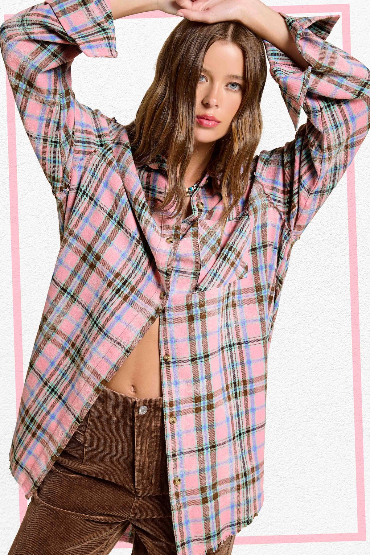 Plaid Acid Washed Cut Edge Button Down Shirt Fall