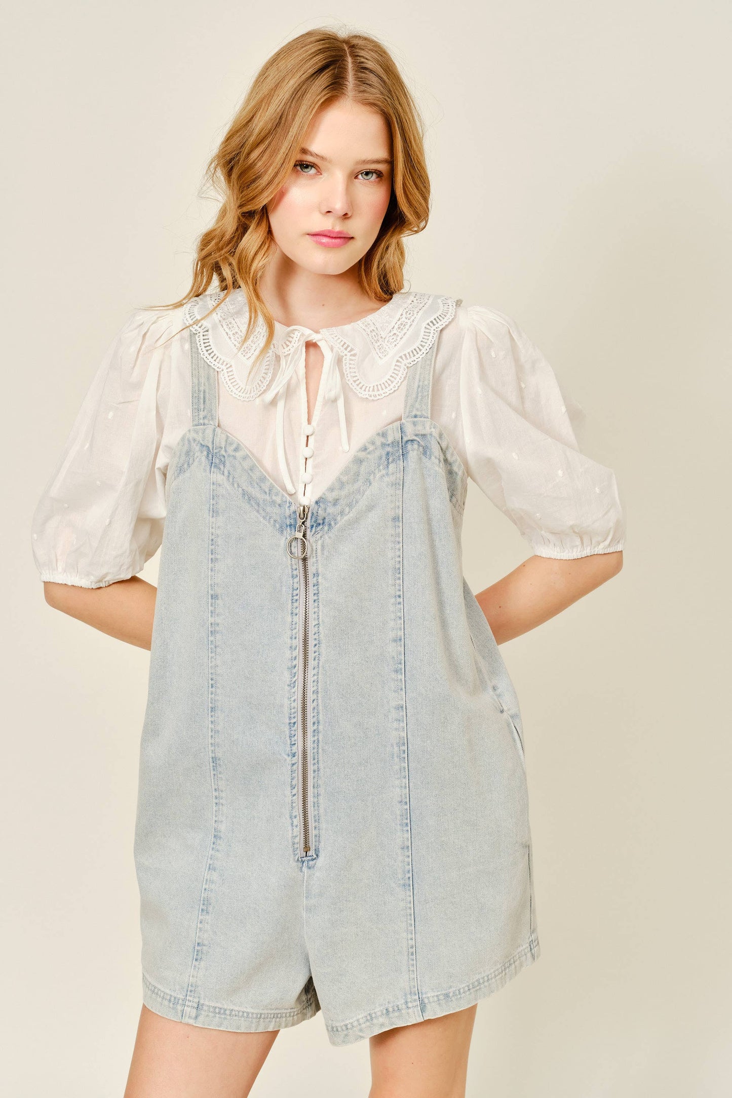 DENIM SLEEVELESS ROMPER WITH FRONT ZIPUP