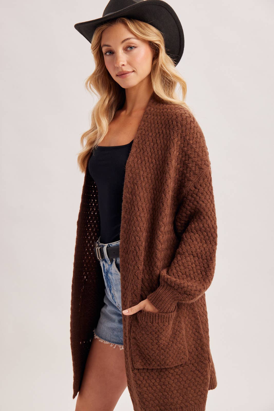 BASKET WEAVE LONGLINE CARDIGAN