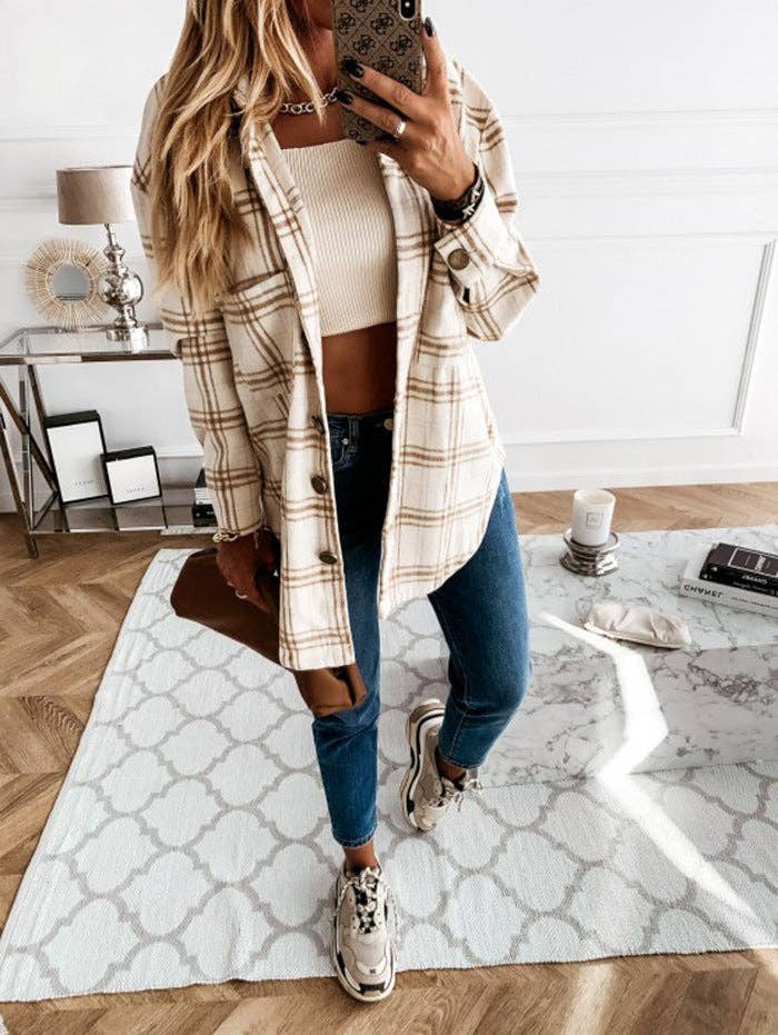 Plaid brushed shacket oversized button front