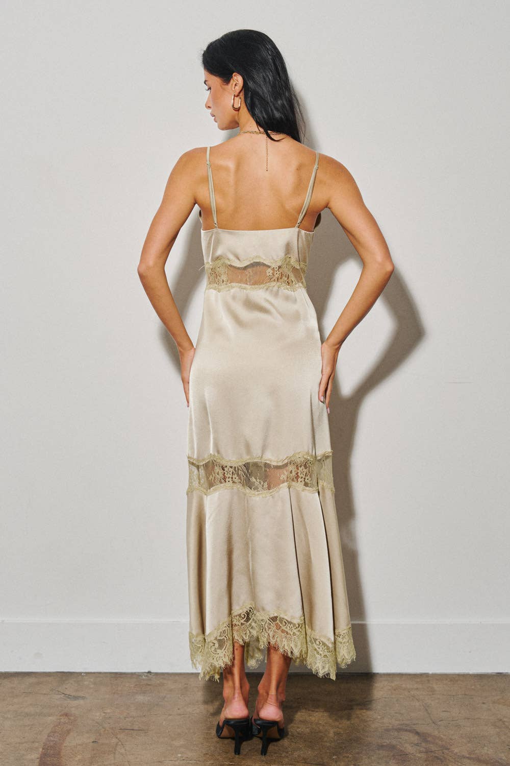 LADIES WOVEN SATIN LACE TRIM MAXI DRESS