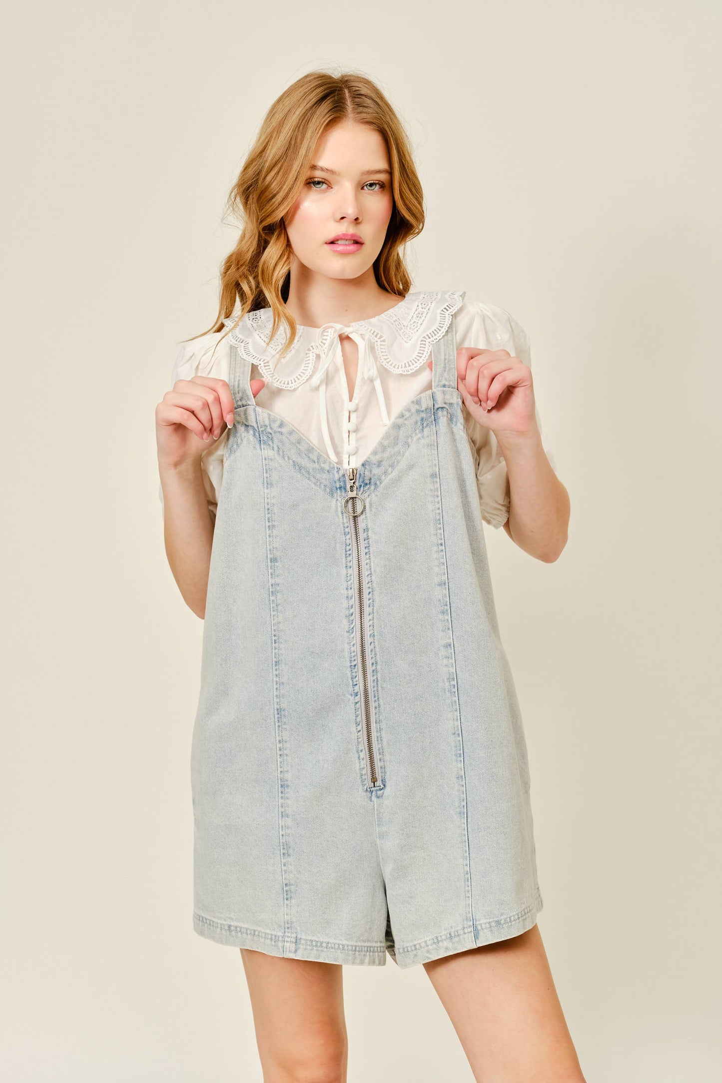 DENIM SLEEVELESS ROMPER WITH FRONT ZIPUP