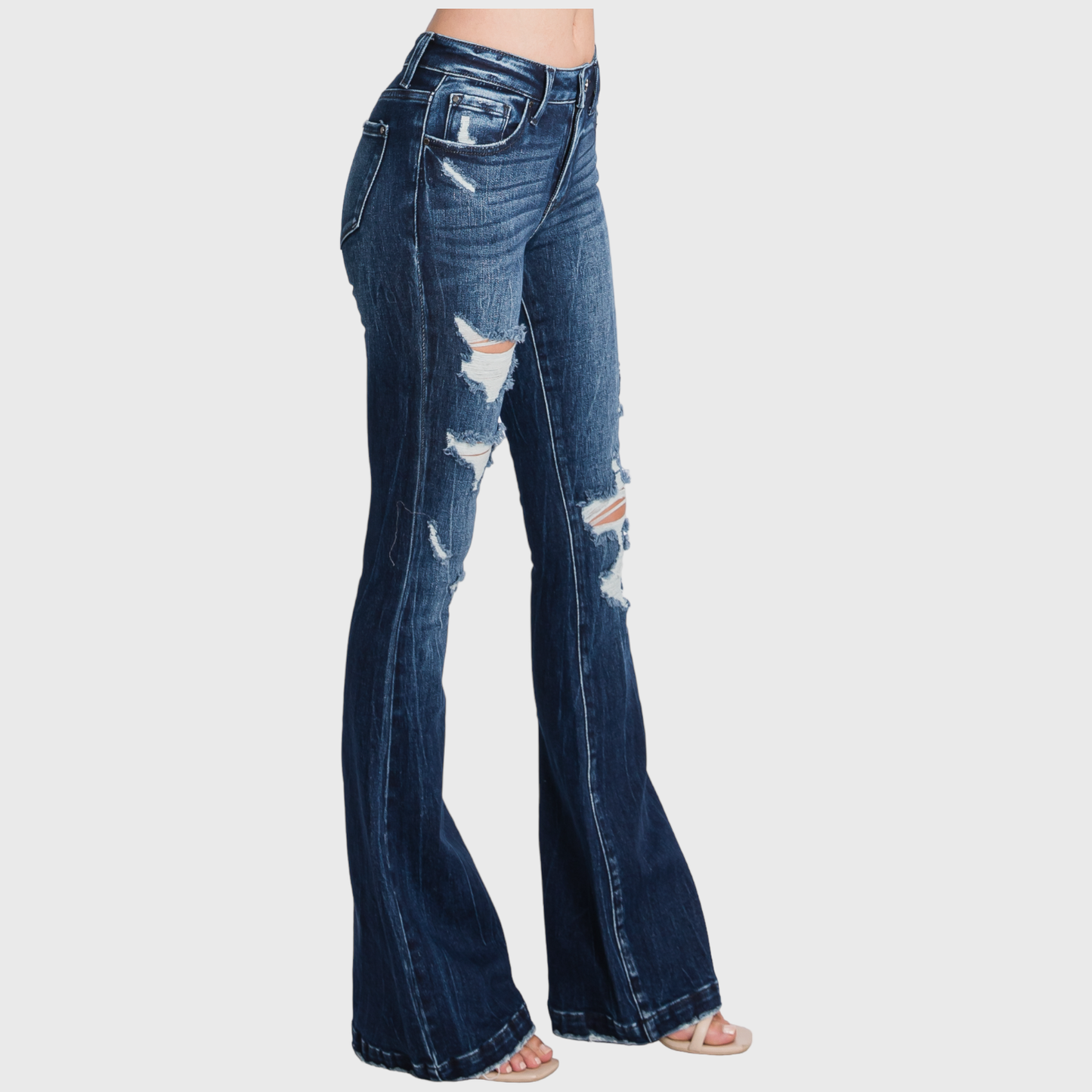 DISTRESSED MID RISE STRETCH FLARE