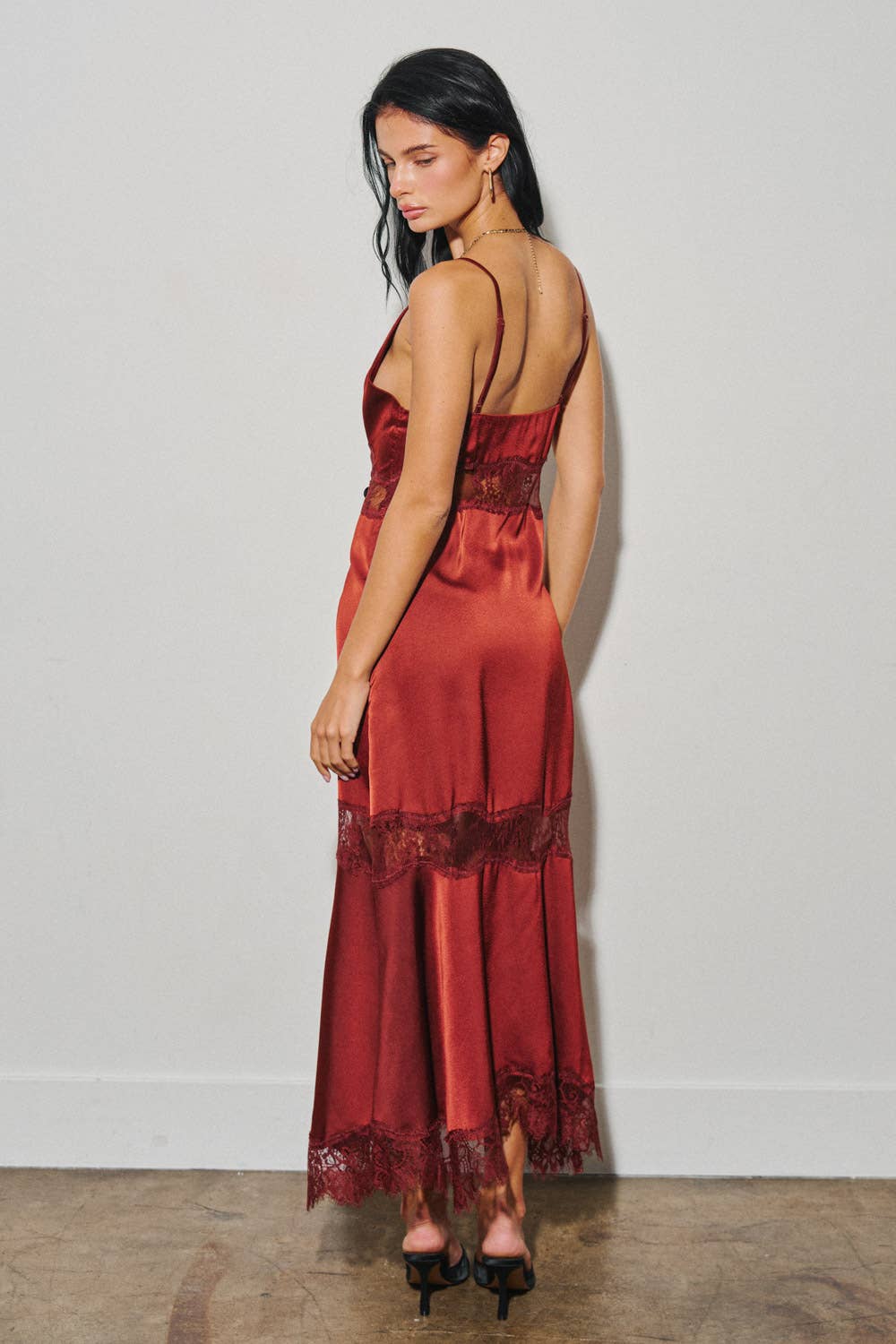 LADIES WOVEN SATIN LACE TRIM MAXI DRESS