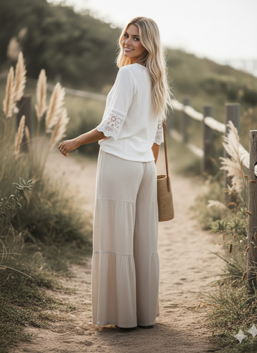 Linen Blend Tiered Wide Leg Palazzo Full Length Pants