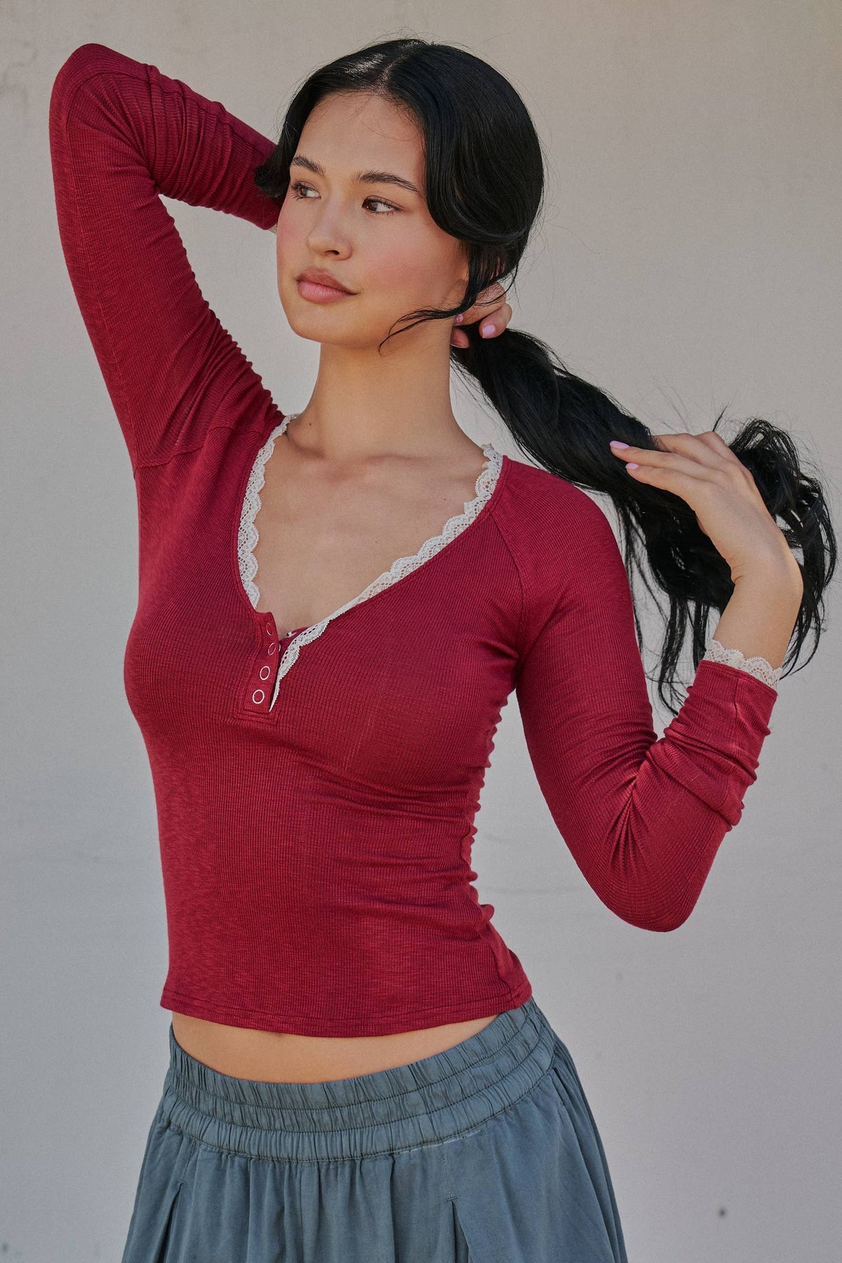 Lace Trim Slub Knit Henley Long Sleeve Top