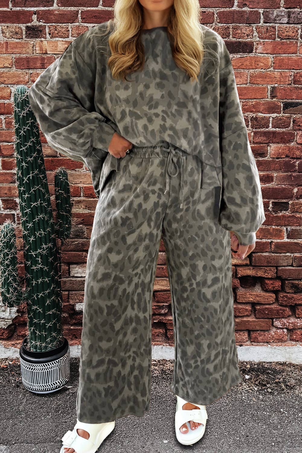 Leopard Raw Seam Patched Pullover Drawstring Loose Pant Set