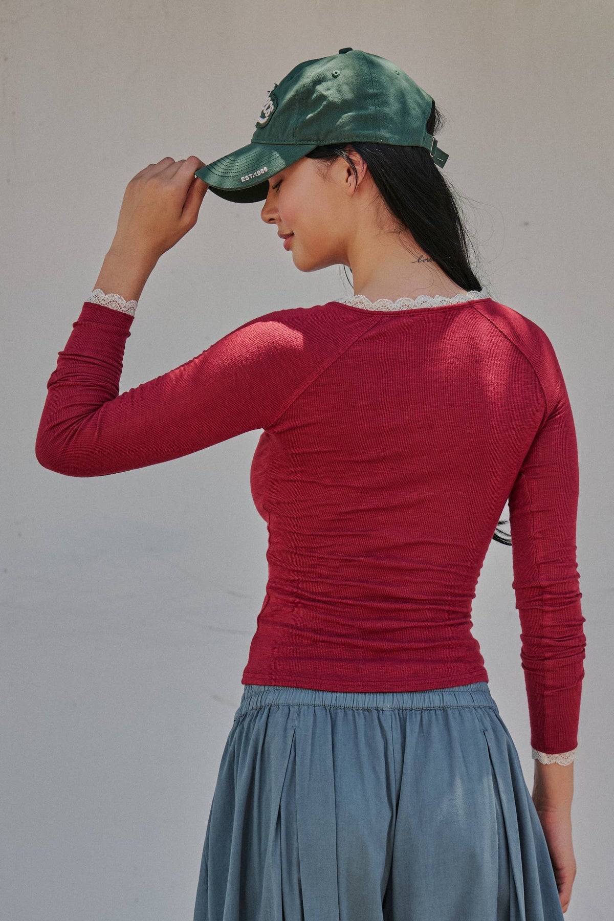 Lace Trim Slub Knit Henley Long Sleeve Top