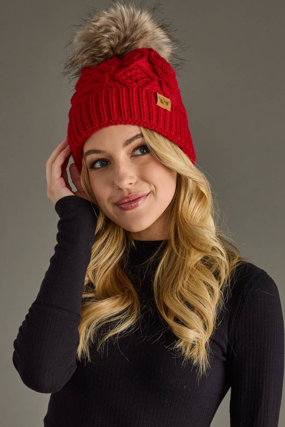 Red Cable Knit Pom Hat