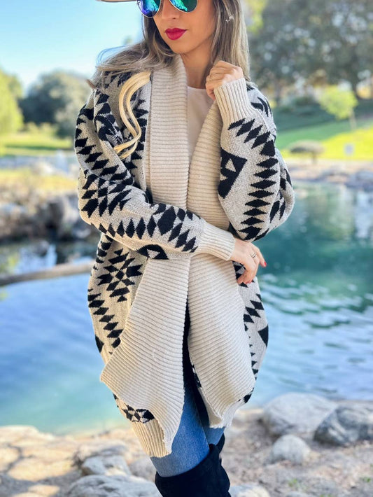 Trendy Beige Aztec Printed Lightweight Cardigan with Pockets