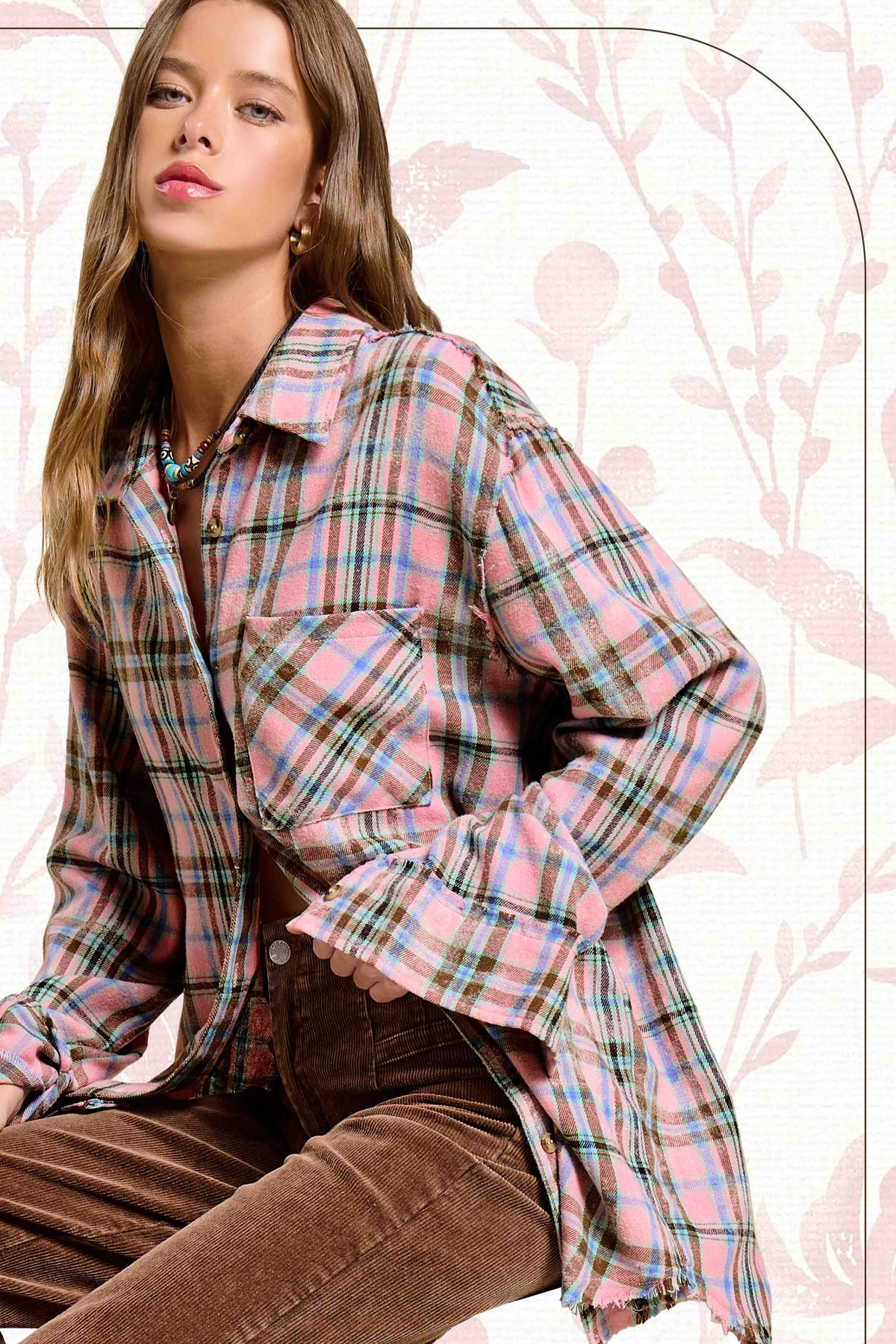 Plaid Acid Washed Cut Edge Button Down Shirt Fall